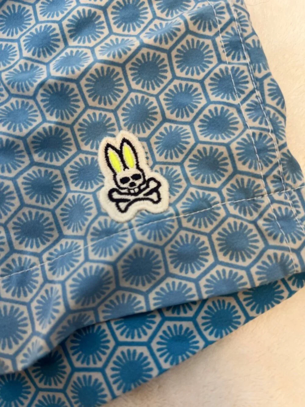 Psycho Bunny Swim Trunks Mens Med Blue All Over Geometric Print Swimming Lined